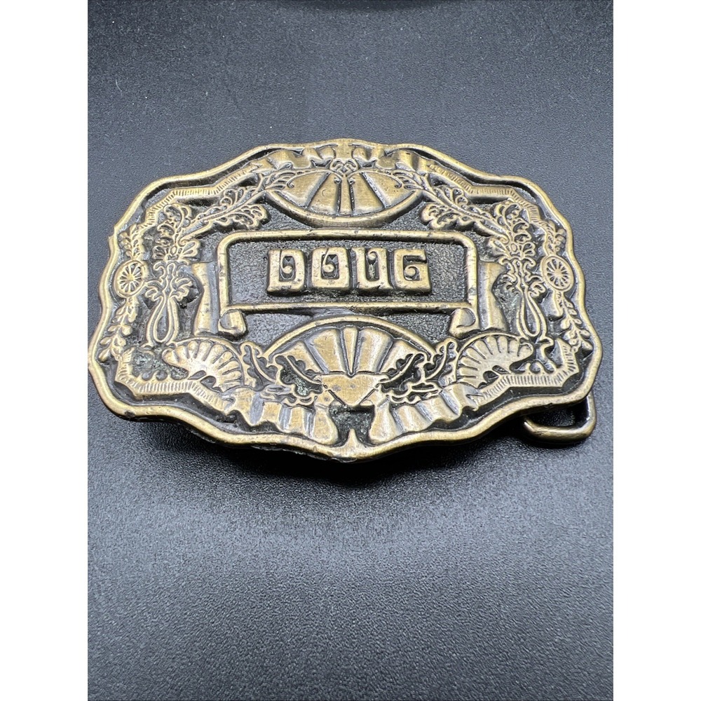 DOUG Name Custom Brass Gold Tone Metal Oden USA Personalized 70s Belt Buckle 2" - Picture 1 of 3
